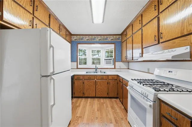 a kitchen with a refrigerator a sink and cabinets