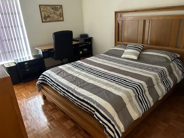 a bedroom with a bed and a dresser with rug
