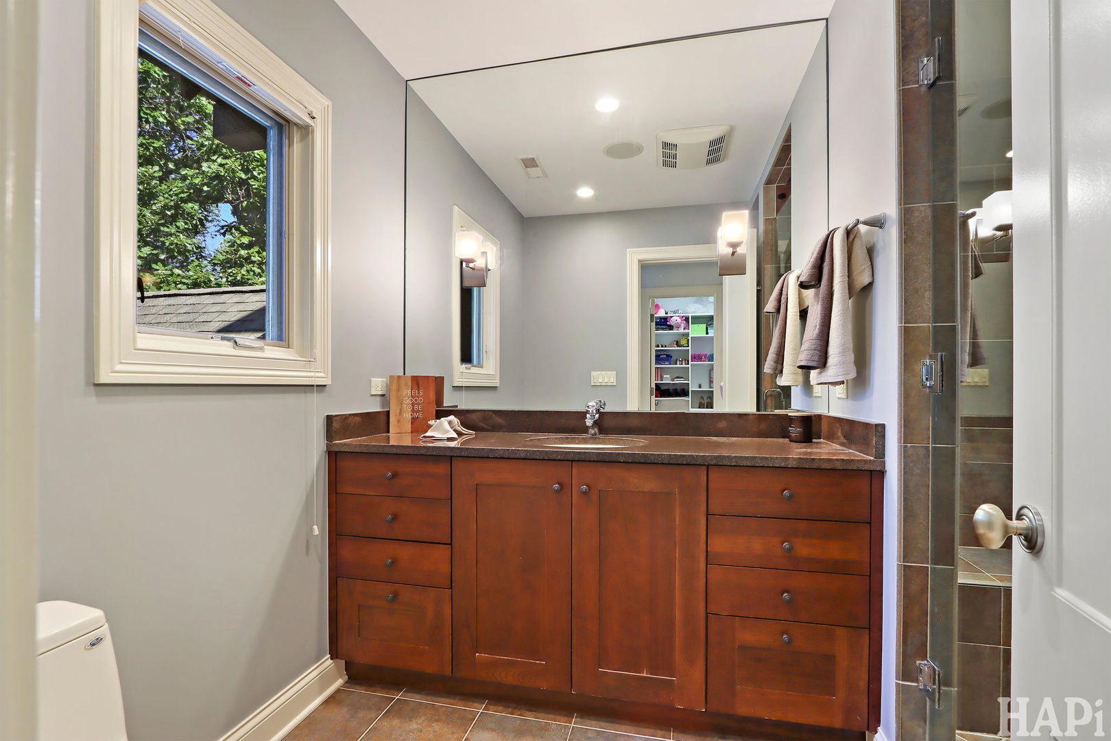1425 Lee Road Northbrook, IL 60062 - Photo 40 of 53 a bathroom with a granite countertop sink a mirror and a shower