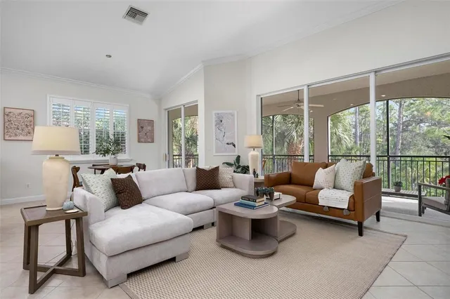 a living room with furniture and a potted plant