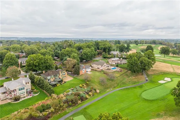 an aerial view of residential houses with outdoor space and trees