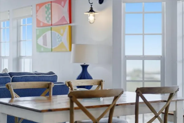 a view of a dining room with furniture window and outside view