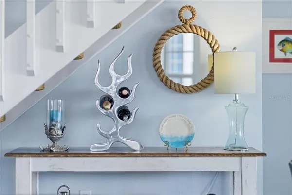 a view of a balcony with wooden floor