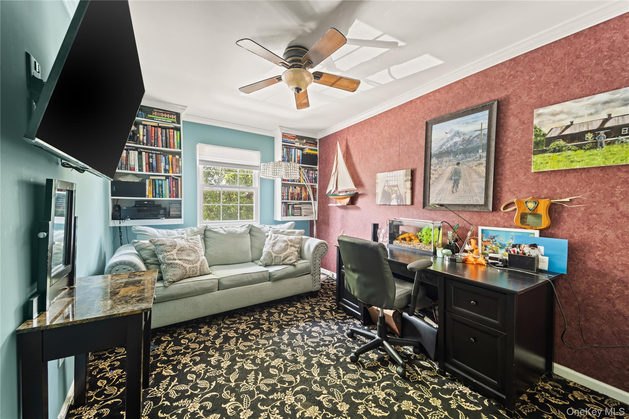 12-35 Robin Lane, Unit UPPR Queens, NY 11360 - Photo 10 of 23 Carpeted office featuring crown molding, ceiling fan, and wallpapered walls