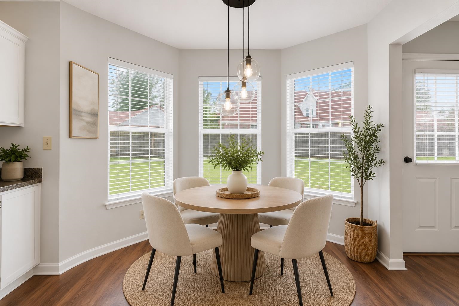 4101 Long Creek Road Memphis, TN 38125 - Photo 12 of 36 Breakfast nook featuring three large windows, pendant lighting fixture, wood-finish flooring, and a white paneled door