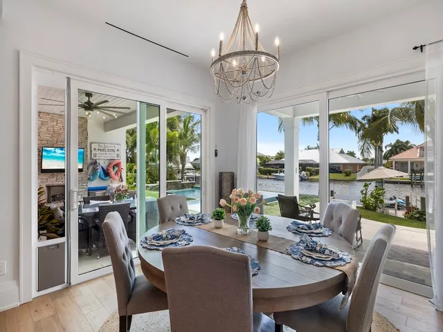 a view of a dining room with furniture wooden floor and chandelier