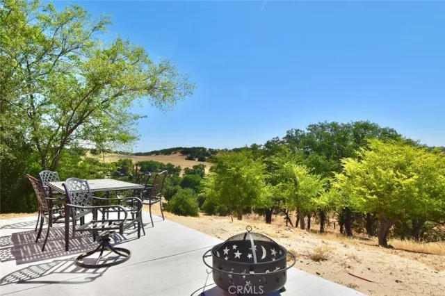 a view of a backyard with table and chairs and a potted plant