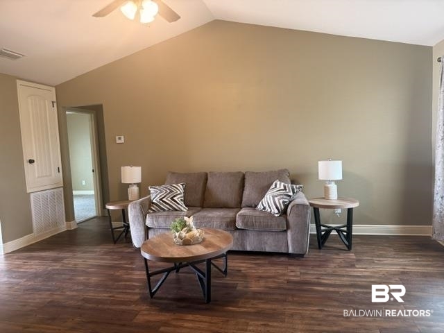 15577 Talus Court Foley, AL 36535 - Photo 3 of 28 Unfurnished living room with dark wood-style flooring, lofted ceiling, and a ceiling fan