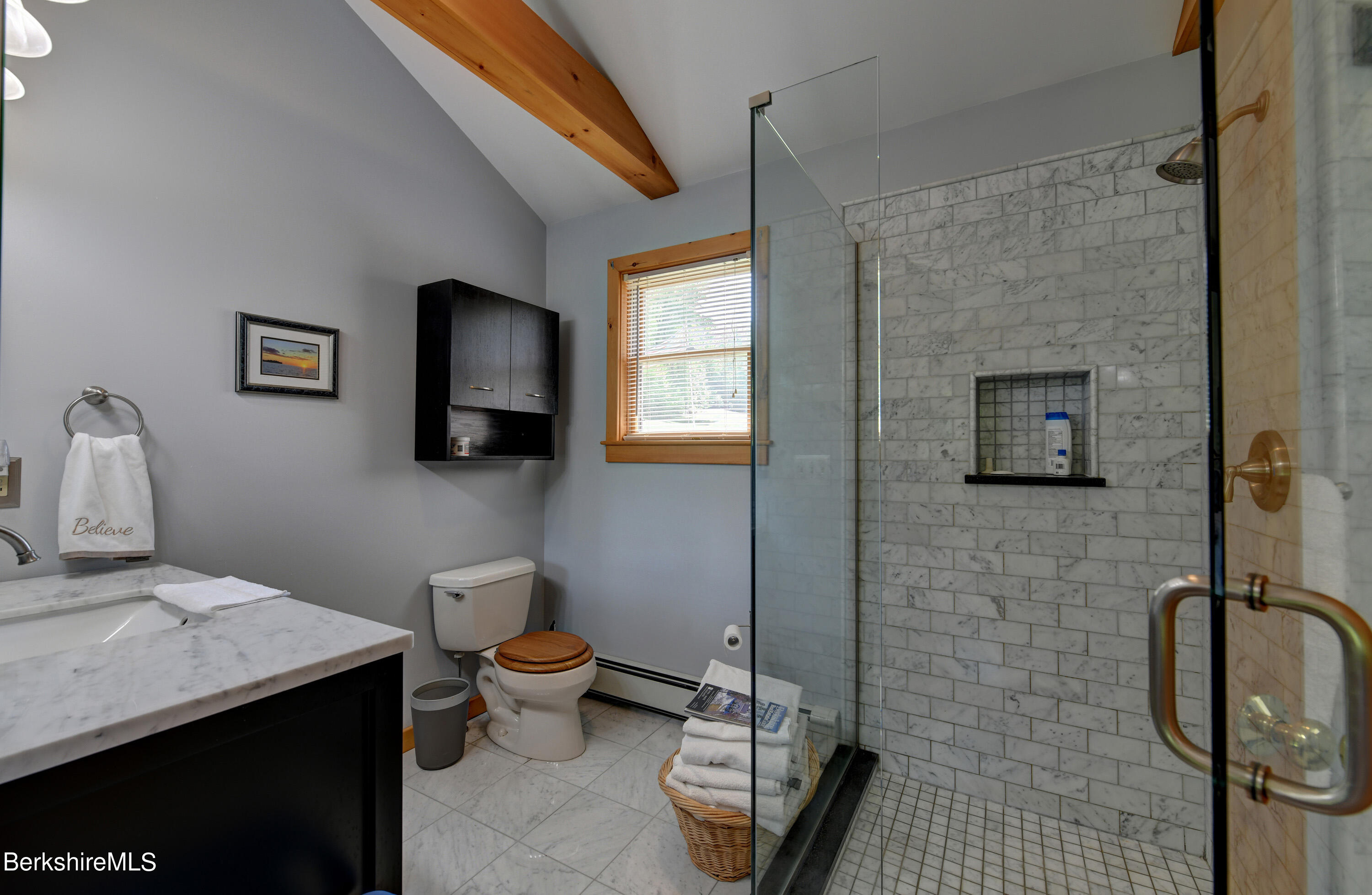 1308 Lovers Lane Road Washington, MA 01223 - Photo 22 of 49 a bathroom with a granite countertop toilet a sink and mirror