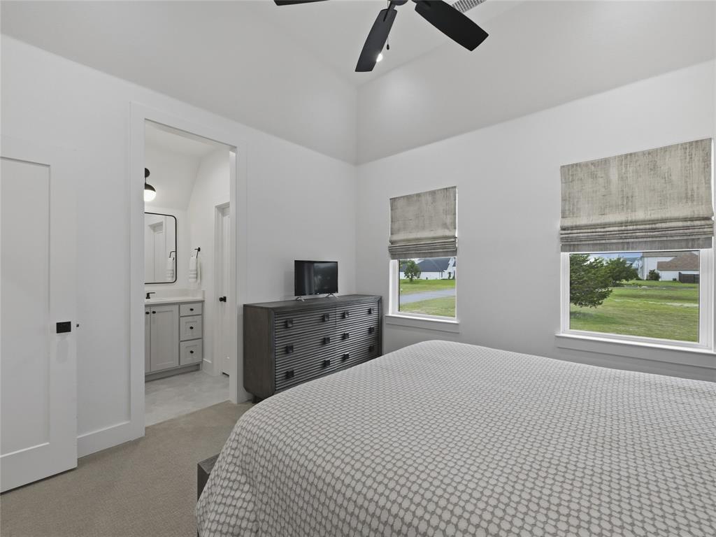 4211 Azalea Way Midlothian, TX 76065 - Photo 32 of 39 Vaulted ceiling bedroom with a black ceiling fan, two windows featuring Roman shades, and soft gray carpeting