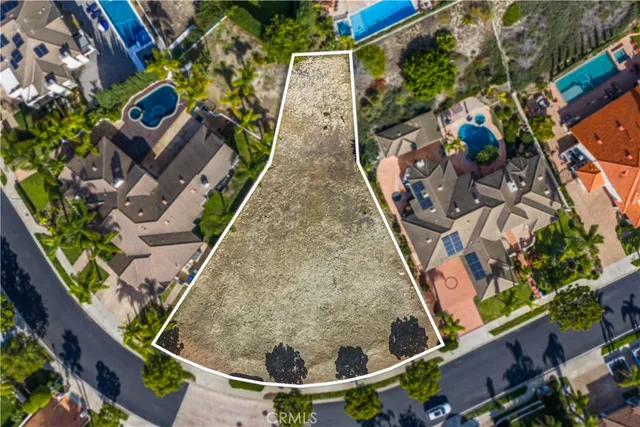 an aerial view of a backyard with plants and blue patio