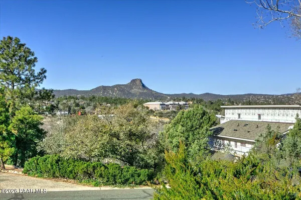 a view of a lush green field with mountains in the background