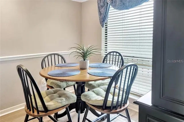 a view of a dining room with furniture and window
