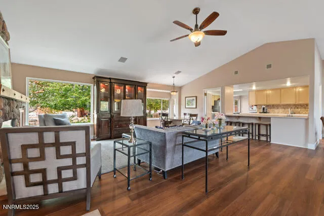 a view of a dining room with furniture window and outside view