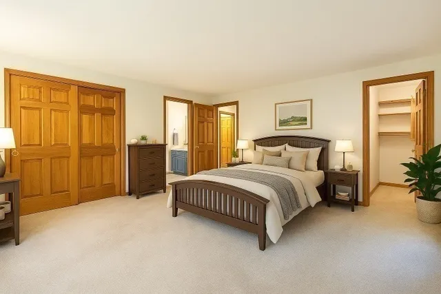 a bathroom with a granite countertop toilet sink and mirror