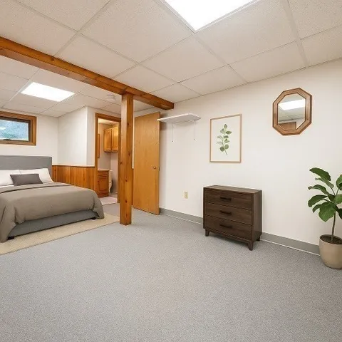 a room with gym equipment and a rug