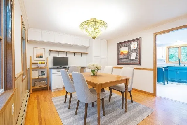 a view of a dining room with furniture window and wooden floor