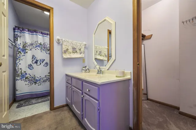 a bathroom with a granite countertop sink a mirror and a shower