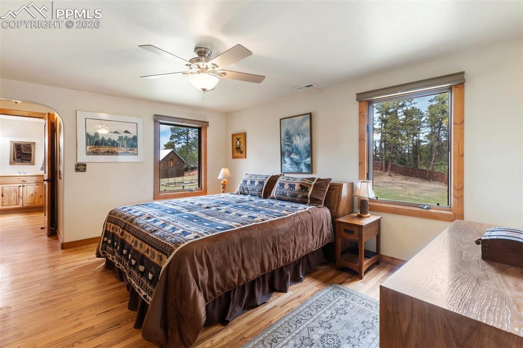 1100 Rampart Range Road Woodland Park, CO 80863 - Photo 23 of 50 The primary suite features hardwood flooring, a walk-in closet, and spacious ensuite bath, making the space a true mountain retreat