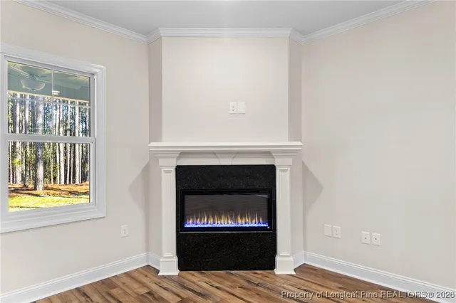 a living room with a fireplace and a window