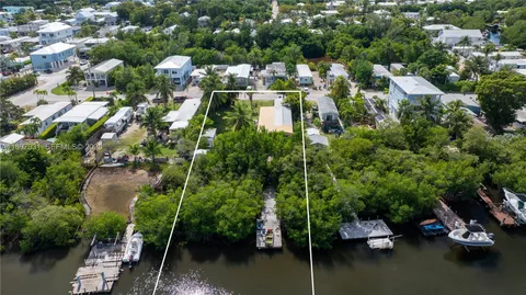 an aerial view of residential houses with outdoor space and trees