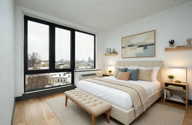 a bedroom with a bed and a large window