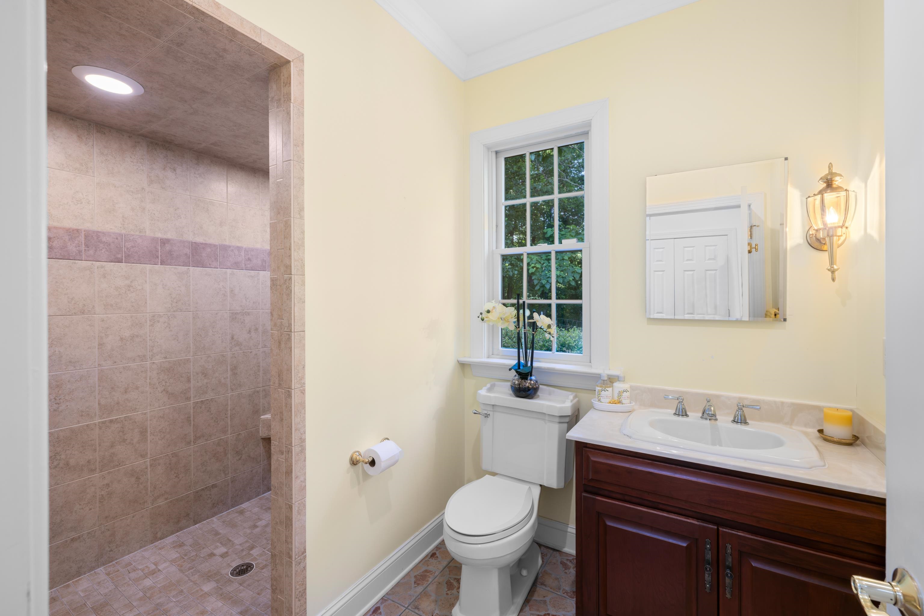 296 Otts Ml Road Raphine, VA 24472 - Photo 24 of 75 a bathroom with a granite countertop sink a toilet a mirror and shower