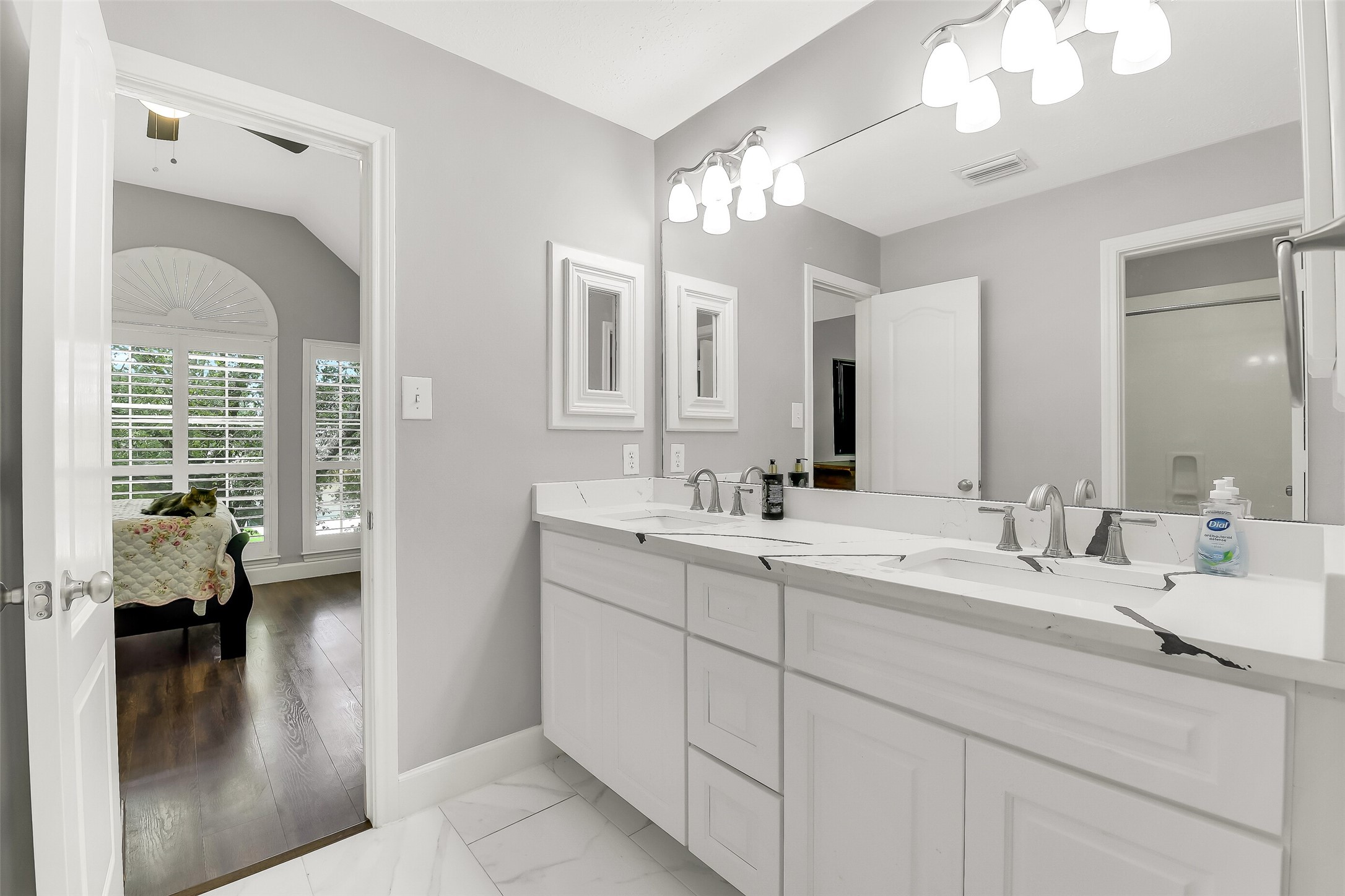 18414 Bull Pine Drive Spring, TX 77379 - Photo 22 of 43 a en suite bathroom with a double vanity sink and a mirror
