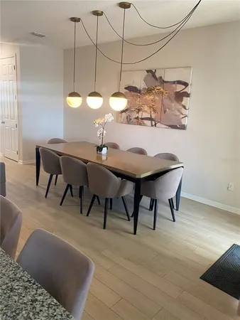 a view of a dining room with a table and chairs