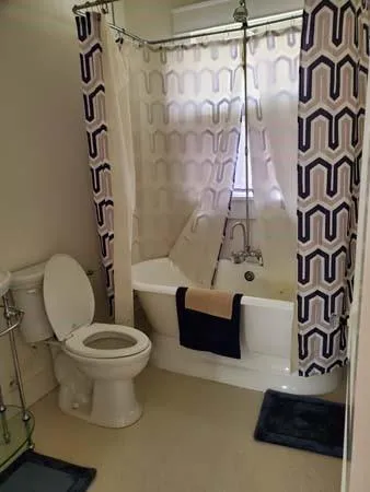 a bathroom with a toilet and a shower