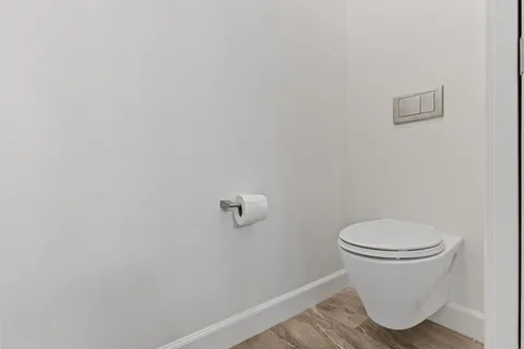 a bathroom with a toilet and a rug