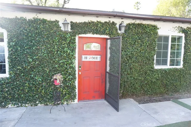 a couple of potted plants in front of door