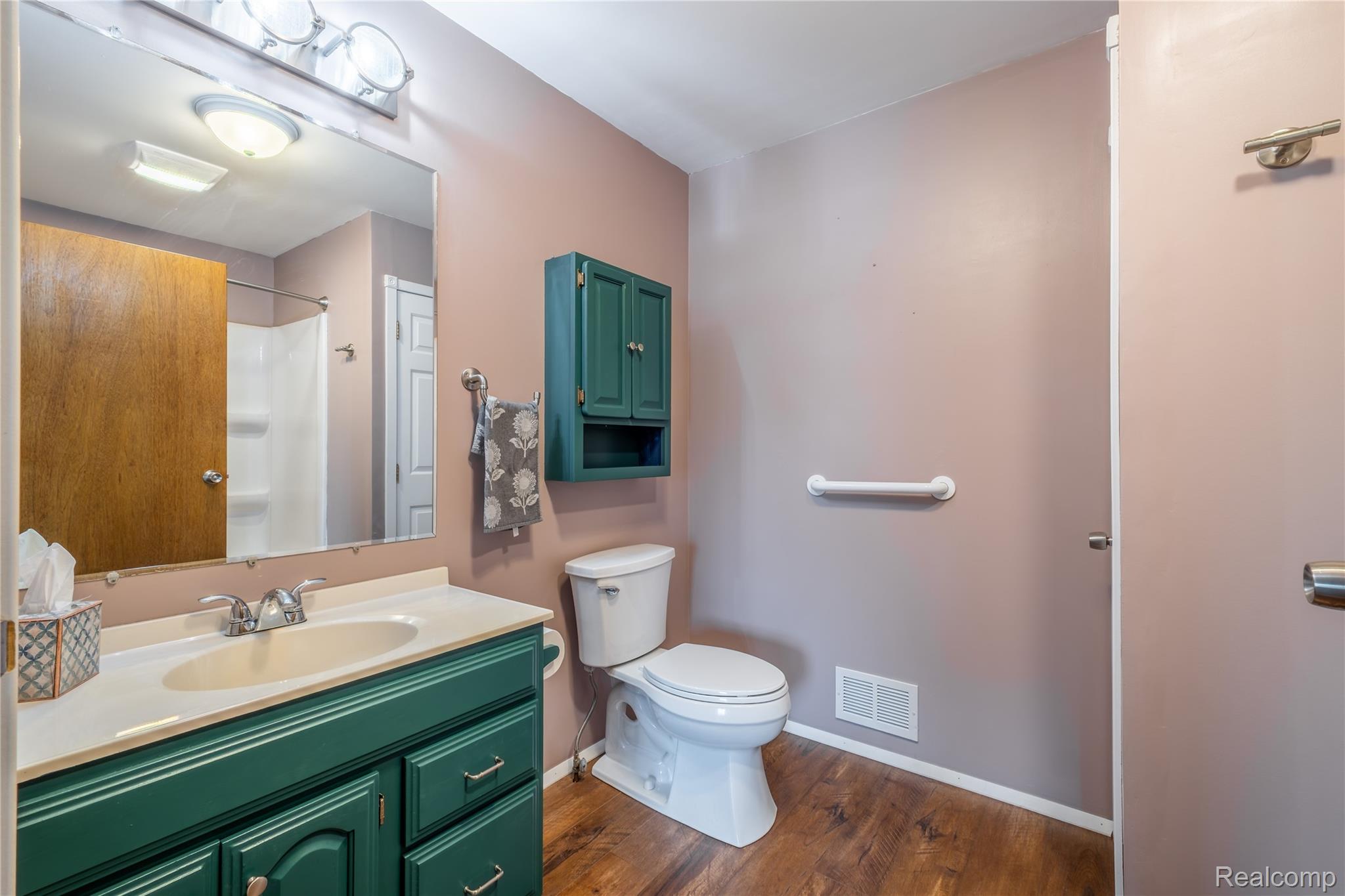 9600 Hamill Road Otisville, MI 48463 - Photo 15 of 32 Bathroom featuring wood-finish flooring, a teal vanity with an integrated sink, and a mirrored wall cabinet