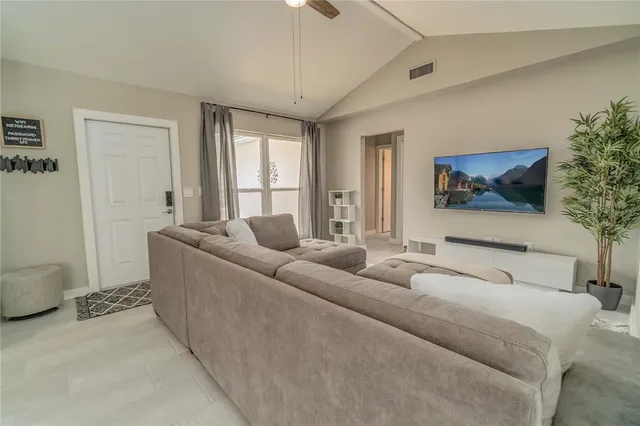 a living room with furniture and a potted plant