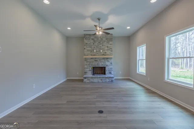 a room with a fireplace