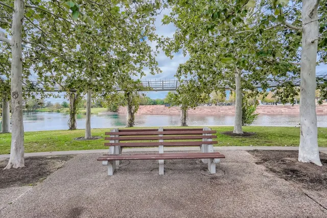 a view of a lake with a outdoor space