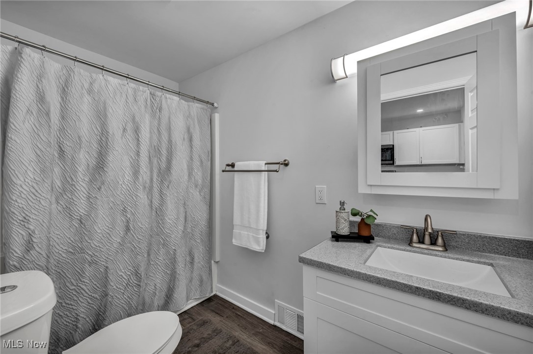 4649 Burleigh Road Cleveland, OH 44125 - Photo 22 of 37 Bathroom featuring vanity, dark wood-style floors, and a shower with curtain