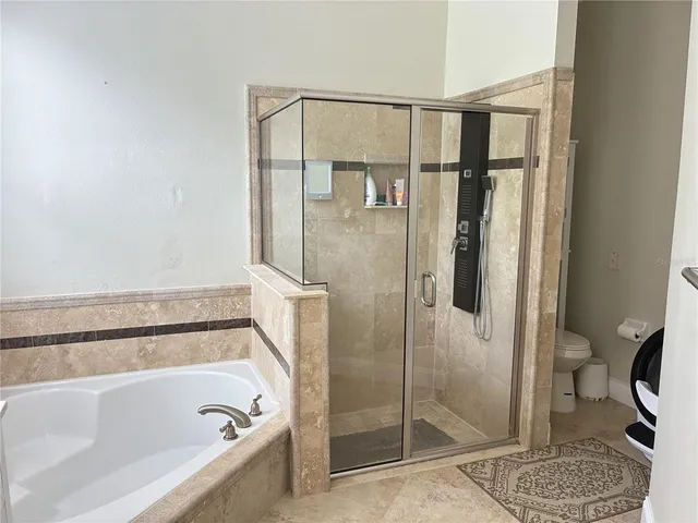 a bathroom with a shower and a toilet