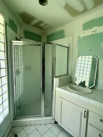 a bathroom with a sink a mirror and shower