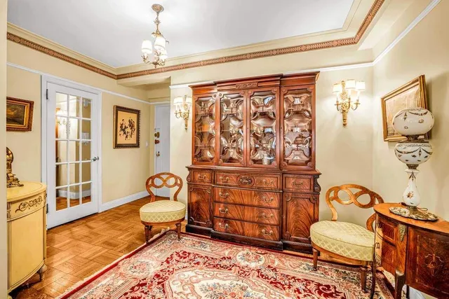 a view of a dining room with furniture