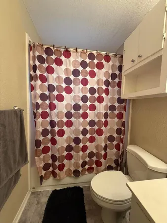 a bathroom with a toilet and a shower curtain