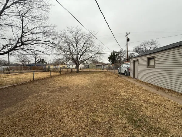 a view of a yard with a large tree
