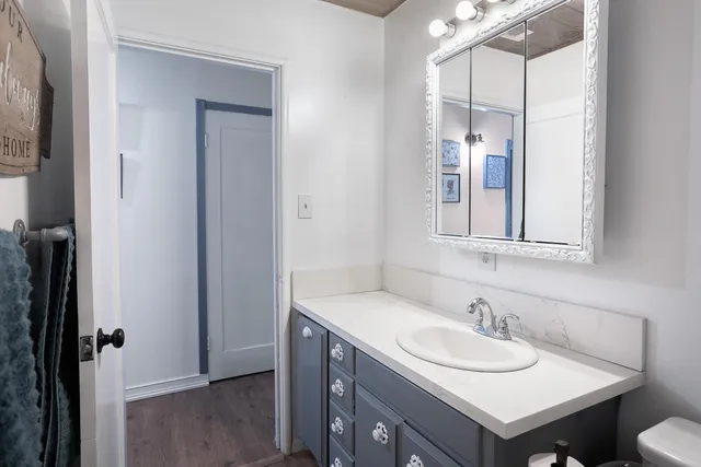 a bathroom with a sink and a mirror