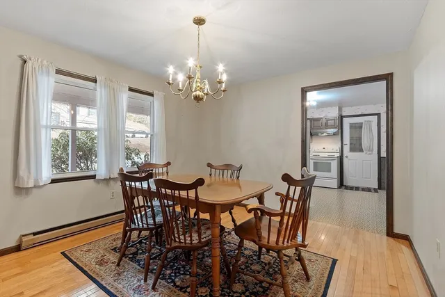 a view of a dining room with furniture and window