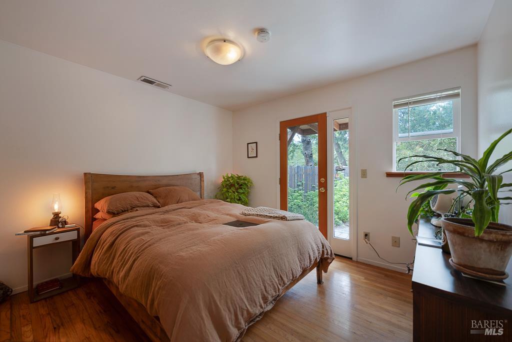 4542 Thomas Road Sebastopol, CA 95472 - Photo 53 of 60 a spacious bedroom with a bed and a potted plant