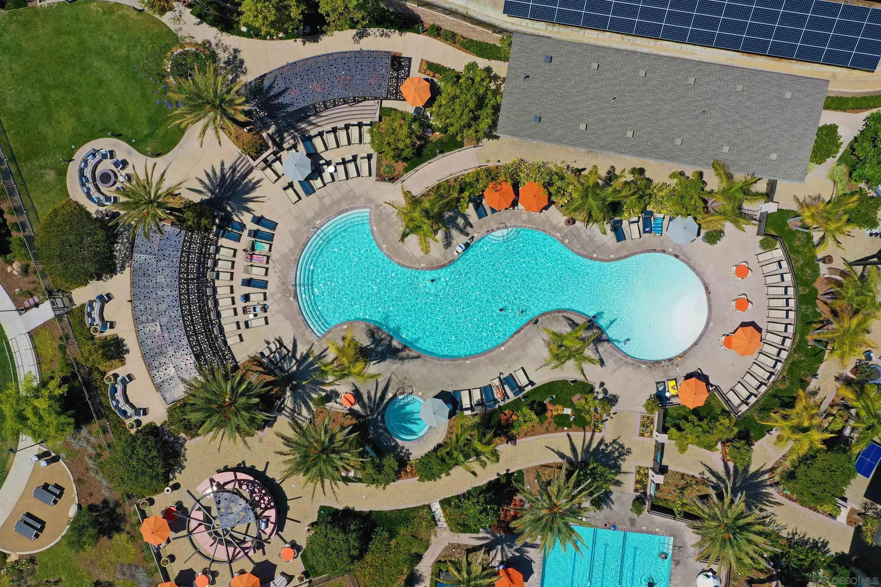 7853 Inception Way San Diego, CA 92108 - Photo 43 of 66 an aerial view of a swimming pool patio and outdoor seating