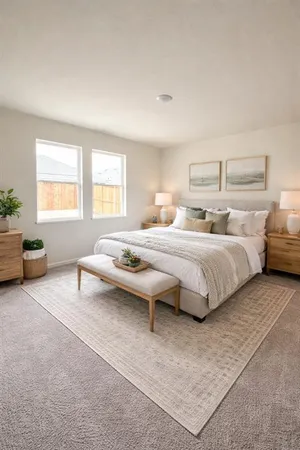 a bedroom with two beds and a couch