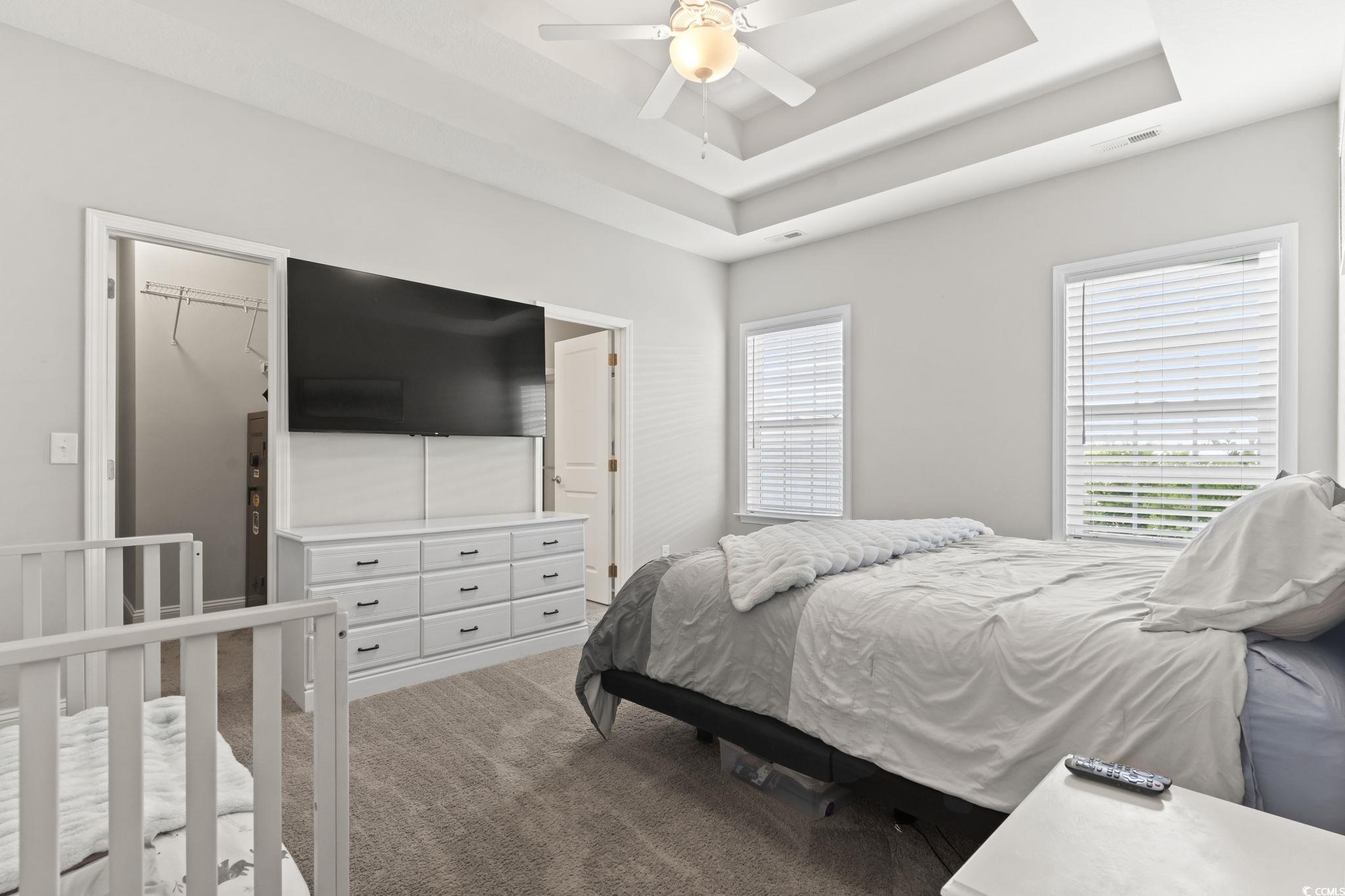 712 Hobonny Loop Longs, SC 29568 - Photo 19 of 39 Bedroom with carpet floors, multiple windows, a tray ceiling, and visible vents