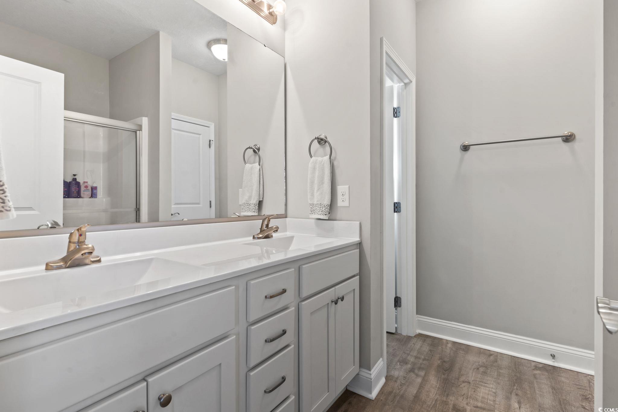 712 Hobonny Loop Longs, SC 29568 - Photo 22 of 39 Bathroom with baseboards, a sink, wood finished floors, and a shower stall