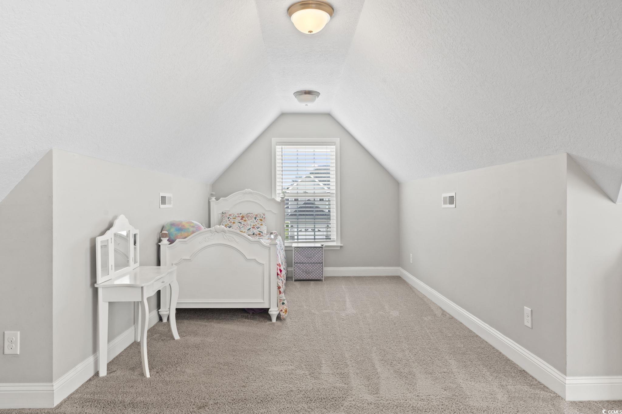 712 Hobonny Loop Longs, SC 29568 - Photo 31 of 39 Carpeted bedroom with baseboards, vaulted ceiling, a textured ceiling, and visible vents